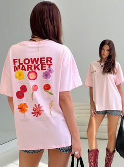 back view of model wearing Princess Polly Flower Chart Oversized Tee Pink Half Sleeves Crew Neck 