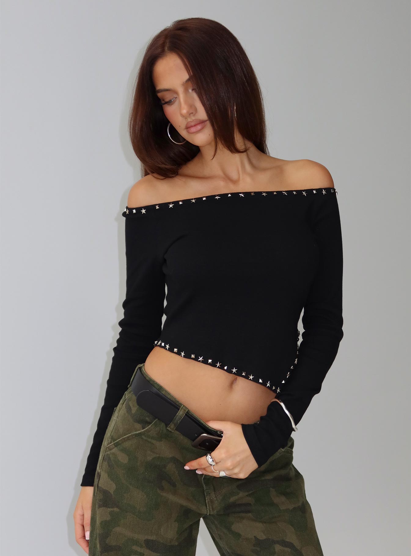 Perfect Cadence Stud Detail Off Shoulder Top Black