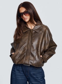Mixtape Faux Leather Collared Jacket Brown