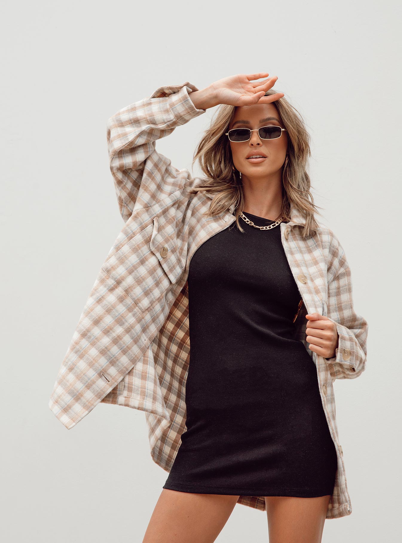 Oversized shirt jacket, beige plaid print, button up, long sleeve, oversized design