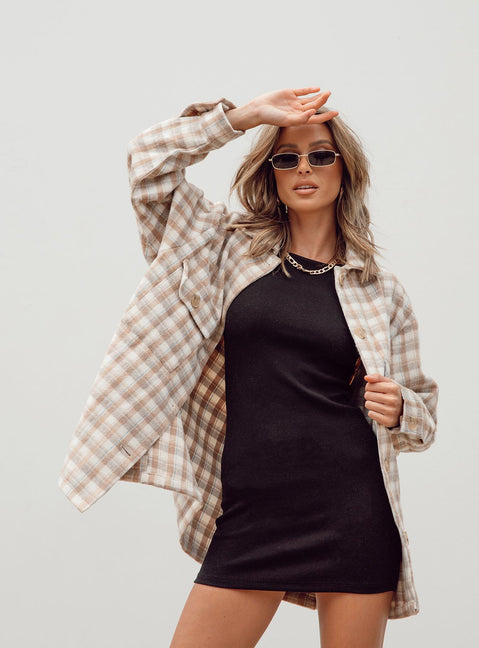 Oversized shirt jacket, beige plaid print, button up, long sleeve, oversized design
