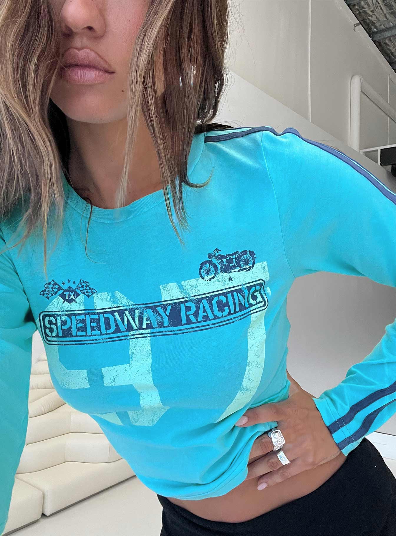 Speedway Racing Long Sleeve Graphic Top Blue