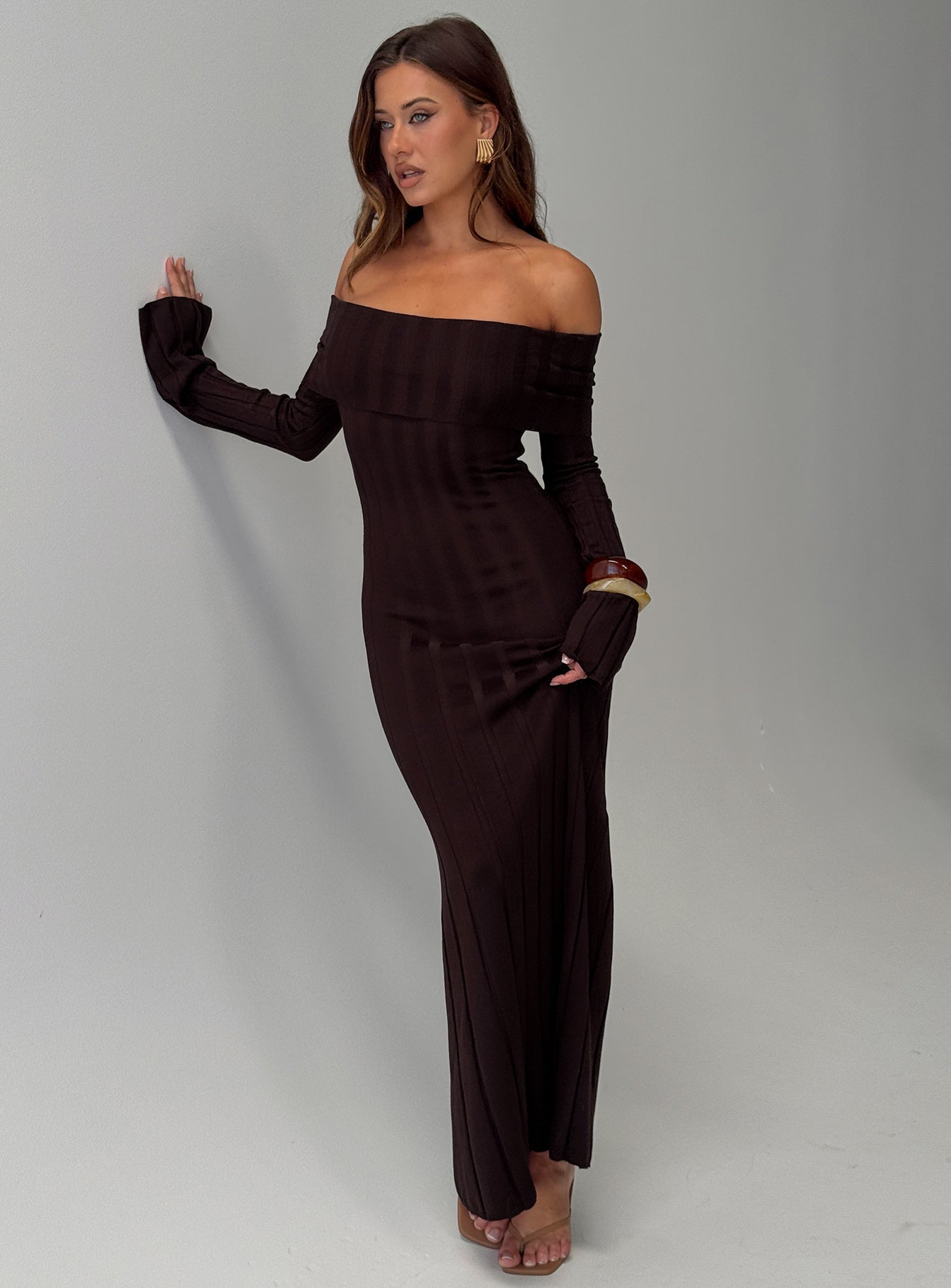 long sleeve maxi dress australia Ellouisa Long Sleeve Rib Maxi Dress Chocolate