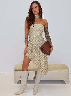 Cambria Strapless Scarf Midi Dress Yellow Check