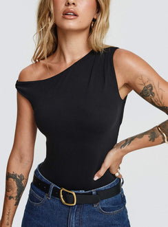 front view of model wearing Princess Polly Miyako Bodysuit Black Sleeveless 