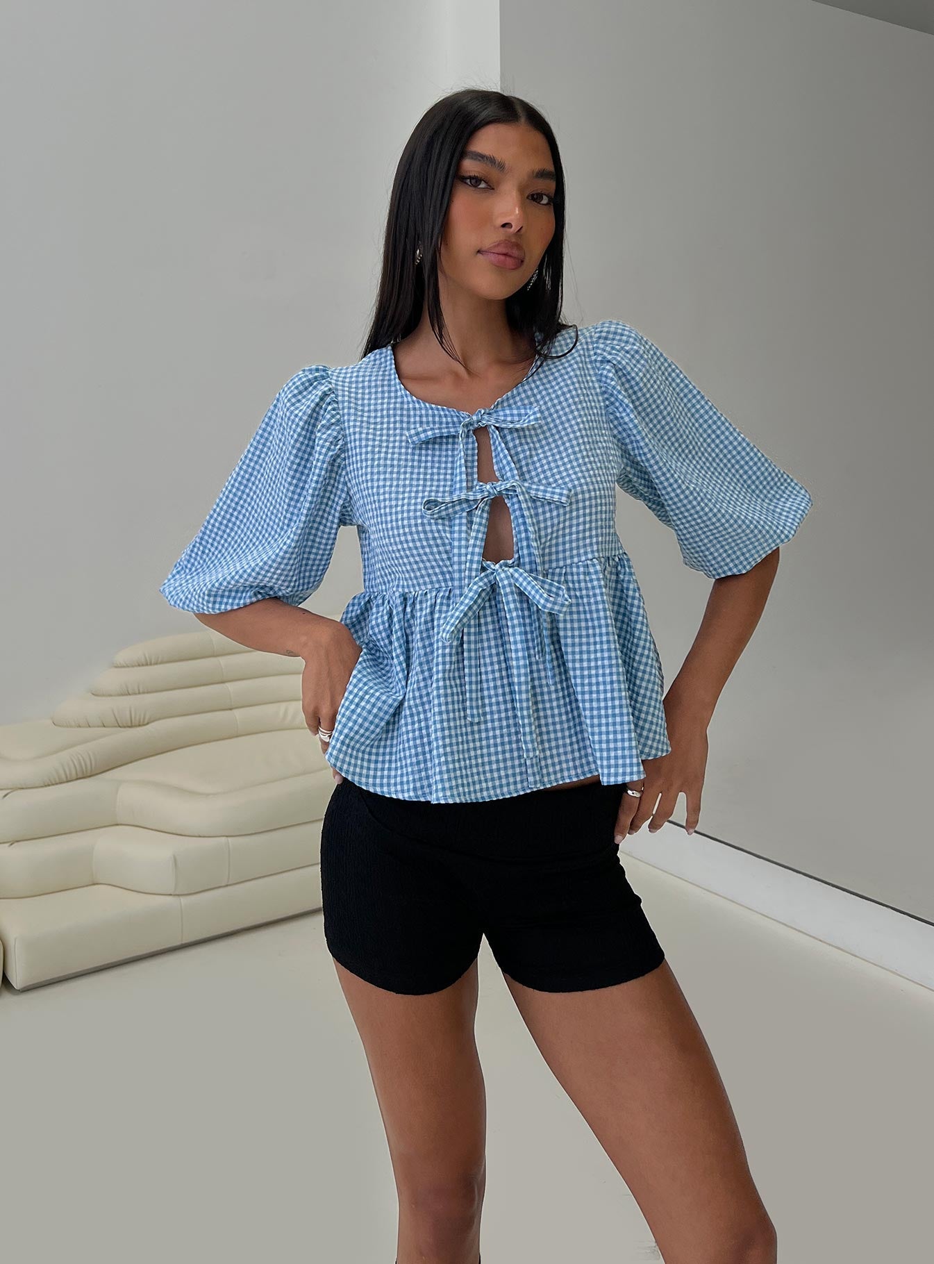 Full House Tie Up Blouse Top Blue Plaid | Princess Polly