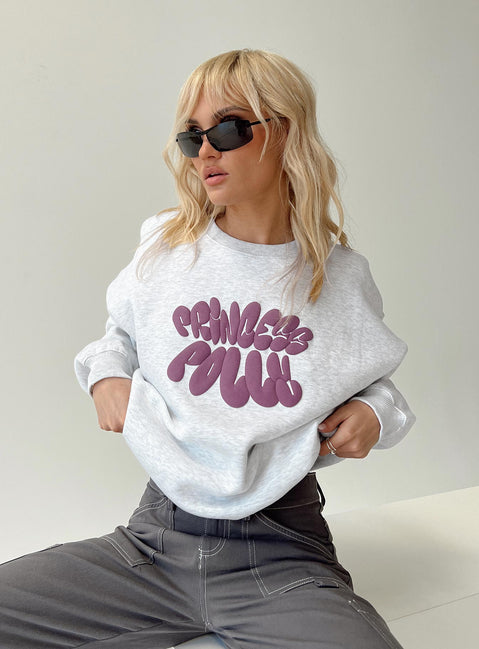 Princess Polly Crew Neck Sweatshirt Bubble Text Grey Marle / Burgundy Princess Polly  regular 