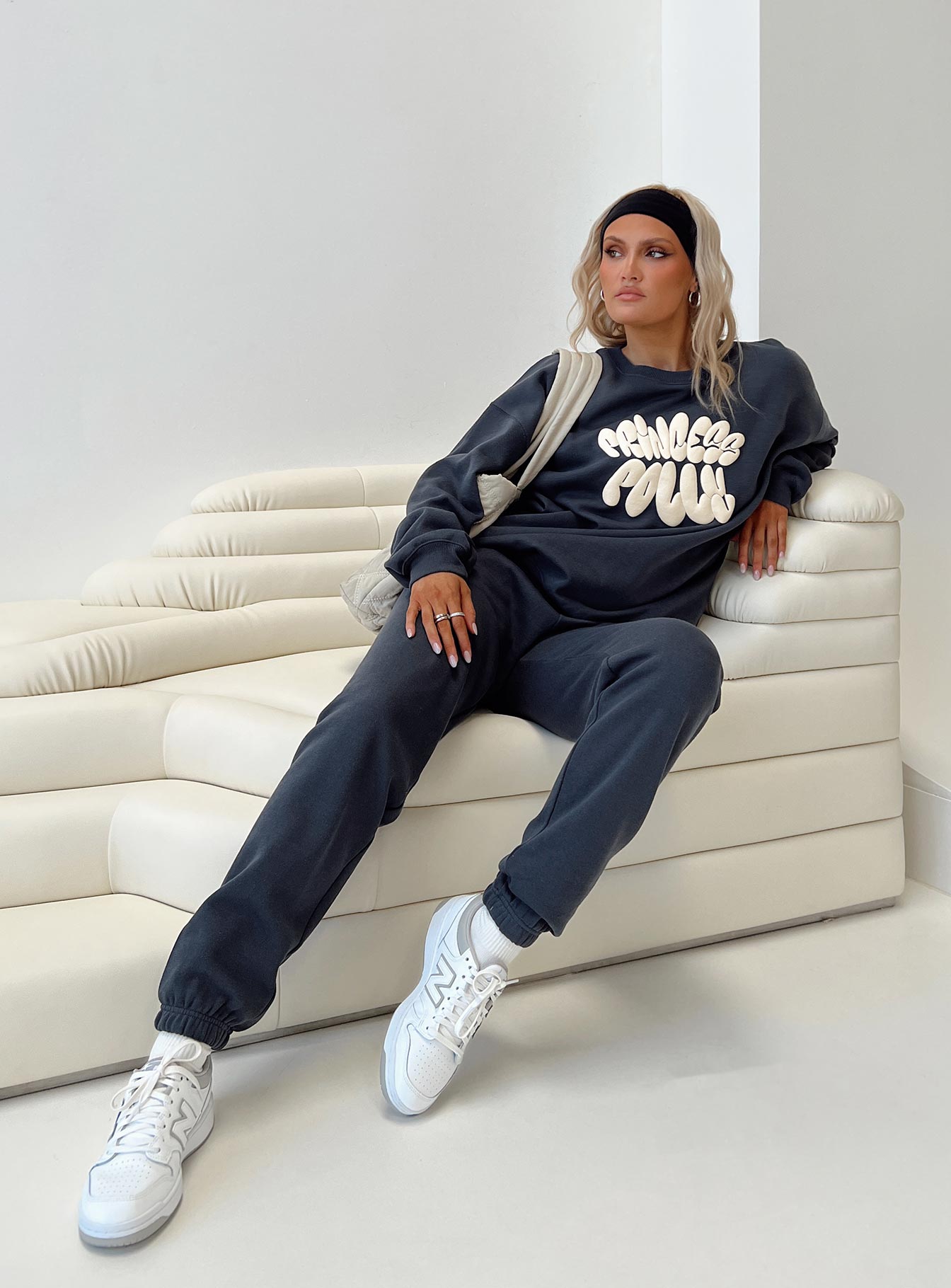 product Princess Polly High Waisted Pants High Waisted Pants High Waisted Pants  Princess Polly Track Pants Bubble Text Slate / Eggshell