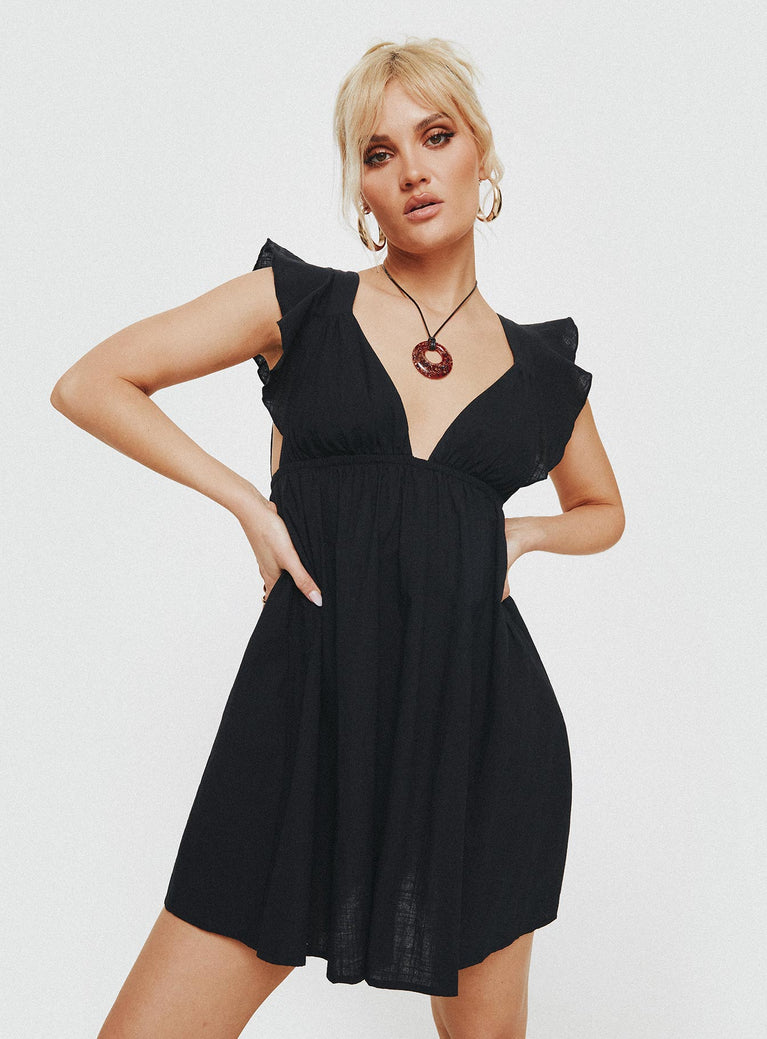 Plunge neck mini dress Cap sleeve, elasticated waistband, ruched skirt, tie fastening at back of neck Non-stretch material, unlined 