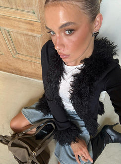Brynlie Faux Fur Trim Boxy Cardigan Black