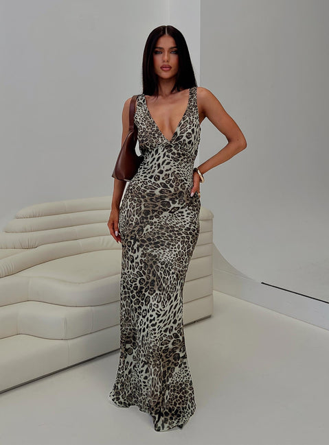 front view of model wearing Princess Polly Nellie Maxi Dress Leopard High Neck 