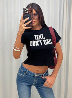 Text, Don't Call Shimmer Graphic Top Black
