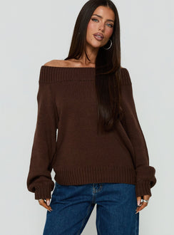 Always Be There Off Shoulder Knit Jumper Brown