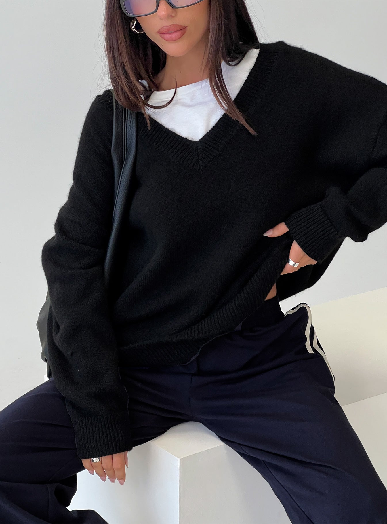 back view of model wearing Princess Polly Stay The Night V Neck Knit Sweater Black 