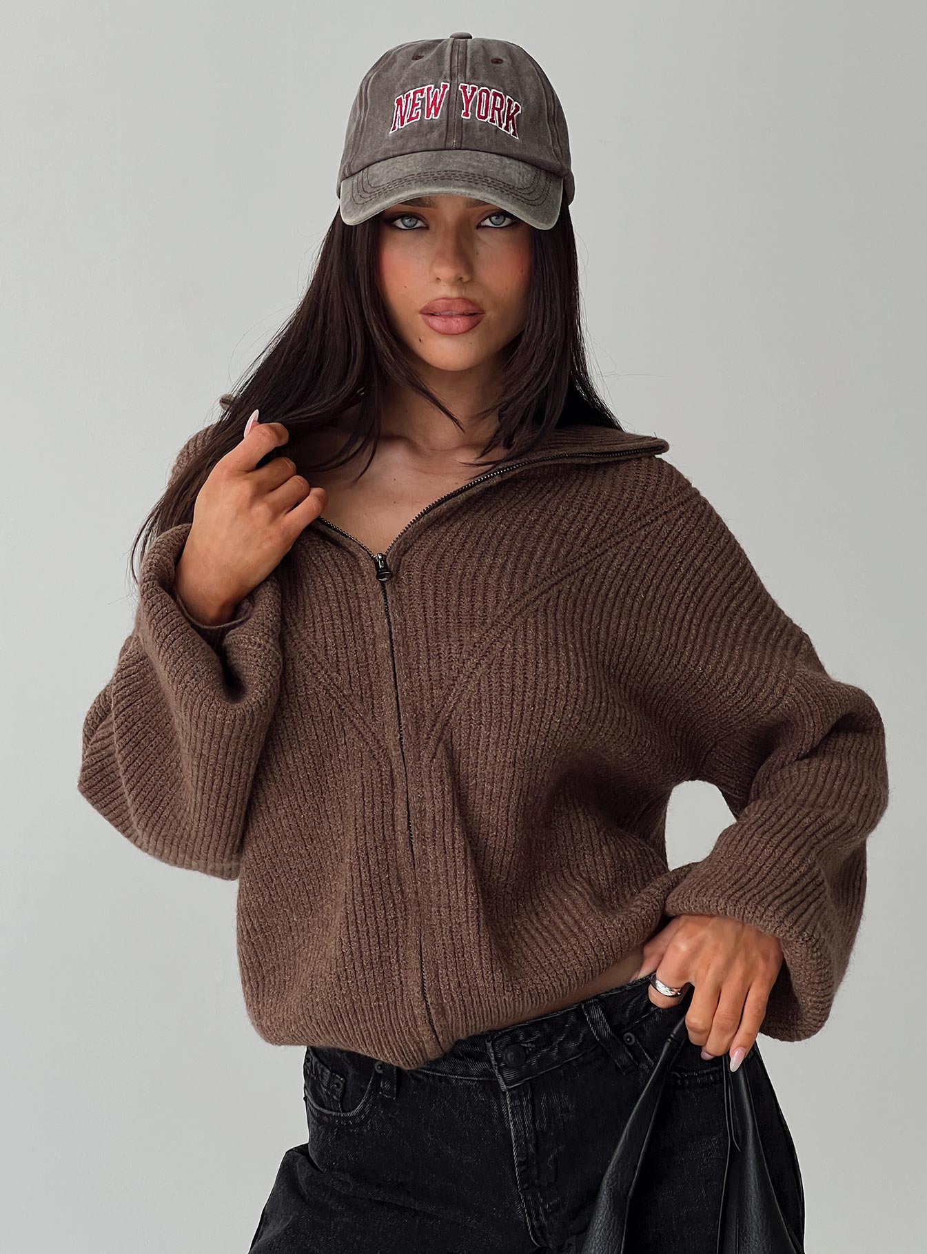 Hertford Zip Through Knit Sweater Brown | Princess Polly