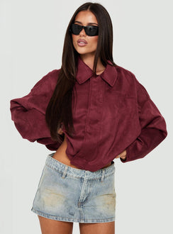 Enlightened Faux Suede Bomber Jacket Burgundy