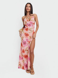 Sibellah Beaded Cowl Neck Maxi Dress Pink Multi