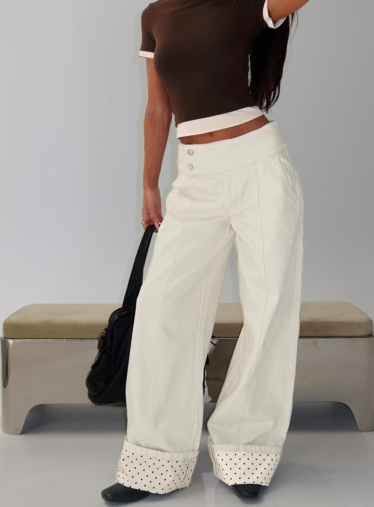 Nikoletta Foldover Jeans Cream / Polka Petite