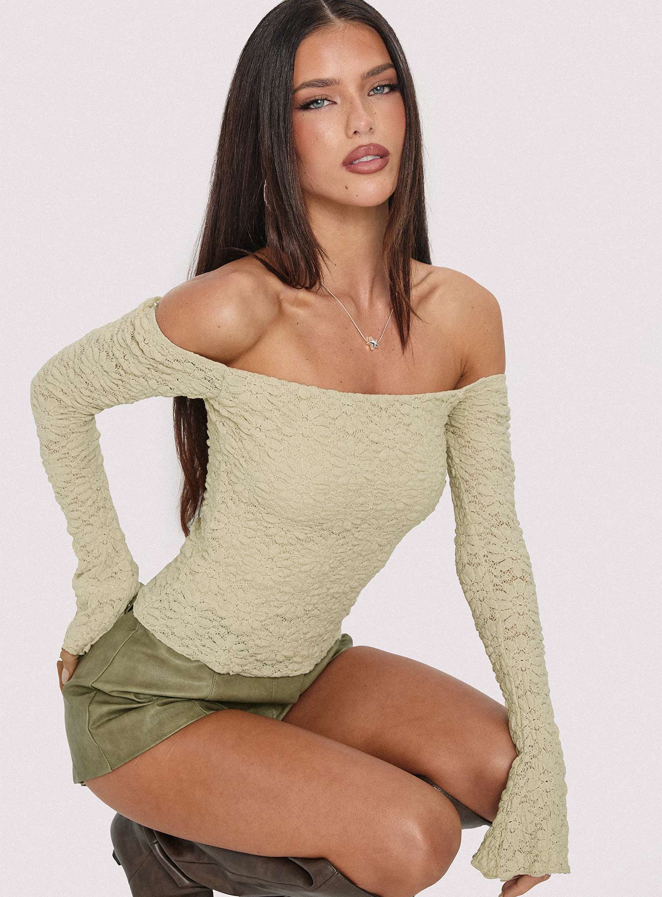 Half Of You Off Shoulder Top Sage