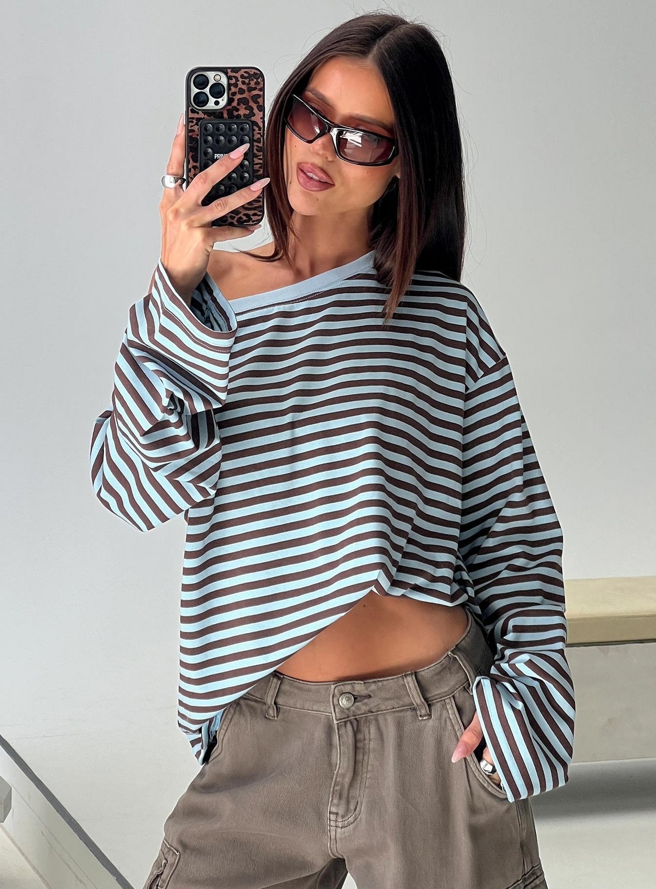 Settle Down One Shoulder Long Sleeve Top Chocolate / Blue Stripe