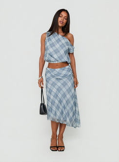 Discover the Sabbine Asymmetrical Midi Skirt Blue Check in womens-skirts with midi length front view of model wearing Princess Polly