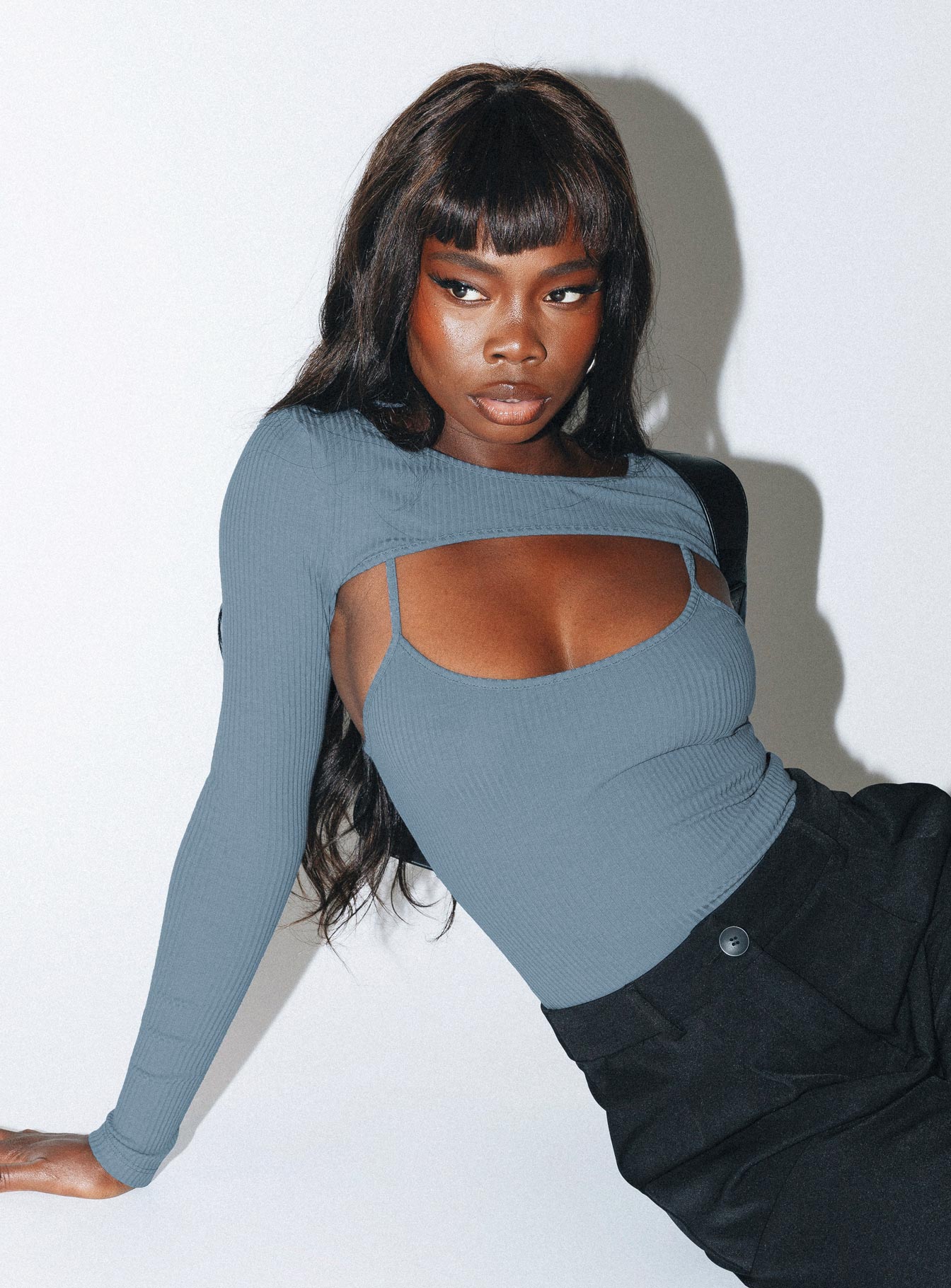 front view of model wearing Princess Polly Calla Long Sleeve Bodysuit Steel Full Sleeves Crew Neck 