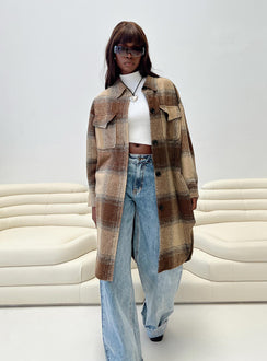 Longline plaid shacket Classic collar, button fastening at front, twin chest pocket, single button cuff