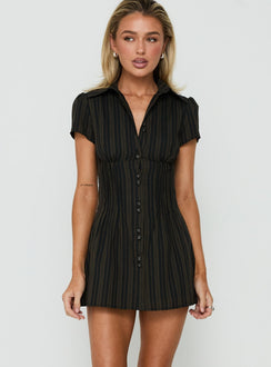 Selenne Collared Short Sleeve Playsuit Brown / Black Stripe