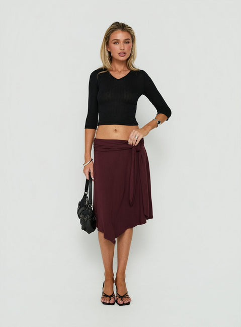 Soft Focus Tie Waist Midi Skirt Plum Noir