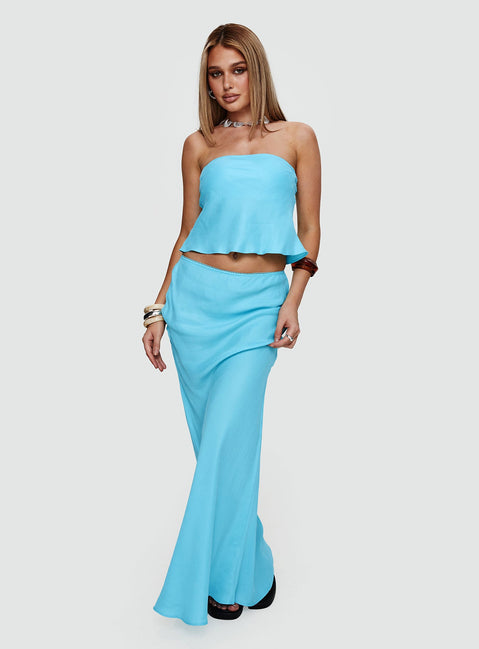   side view of model wearing Princess Polly Lucelia Maxi Skirt Aqua Maxi 