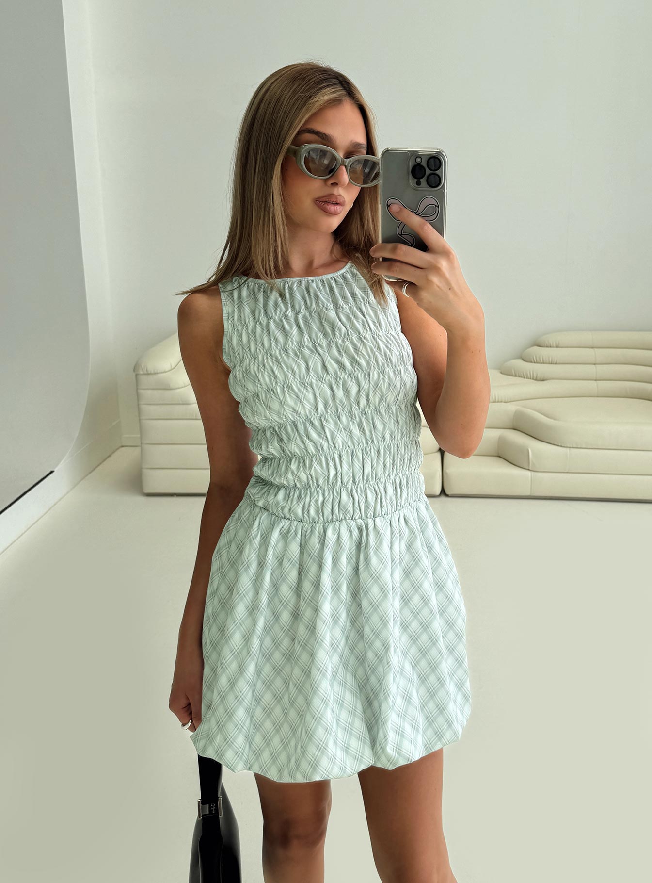 Demure Shirred Bubble Hem Mini Dress Check