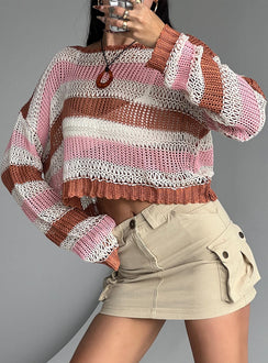 back view of model wearing Princess Polly Perren Sweater Pink / Brown Stripe Cropped 