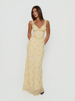 Sawyerr Lace Trim Maxi Dress Yellow Floral