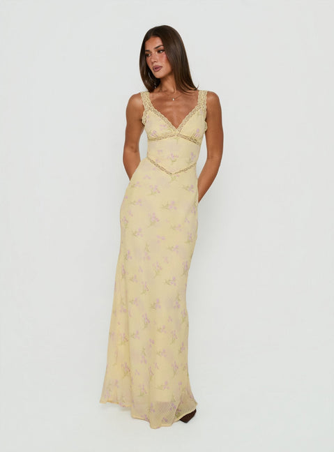 Sawyerr Lace Trim Maxi Dress Yellow Floral