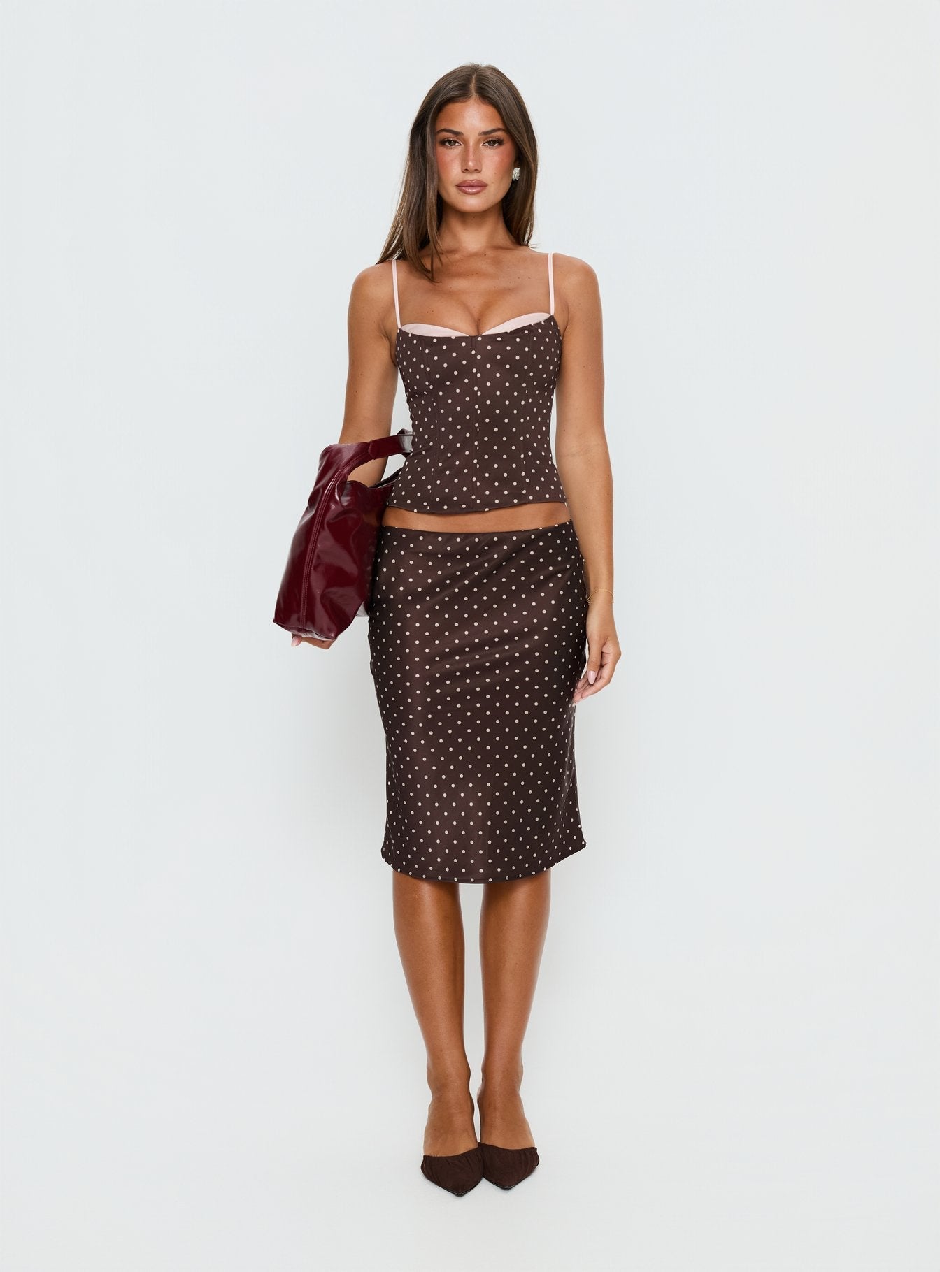 Somani Satin Midi Skirt Brown / Pink Polka Dot