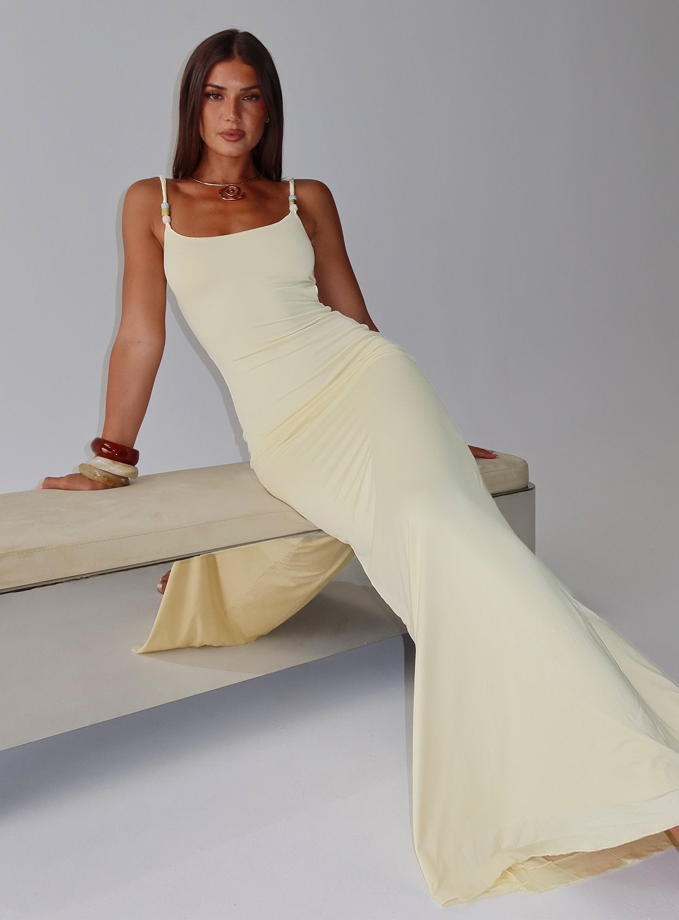 Page Turner Beaded Maxi Dress Lemon