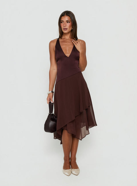 Emeliah Asymmetrical Plunge Midi Dress Brown