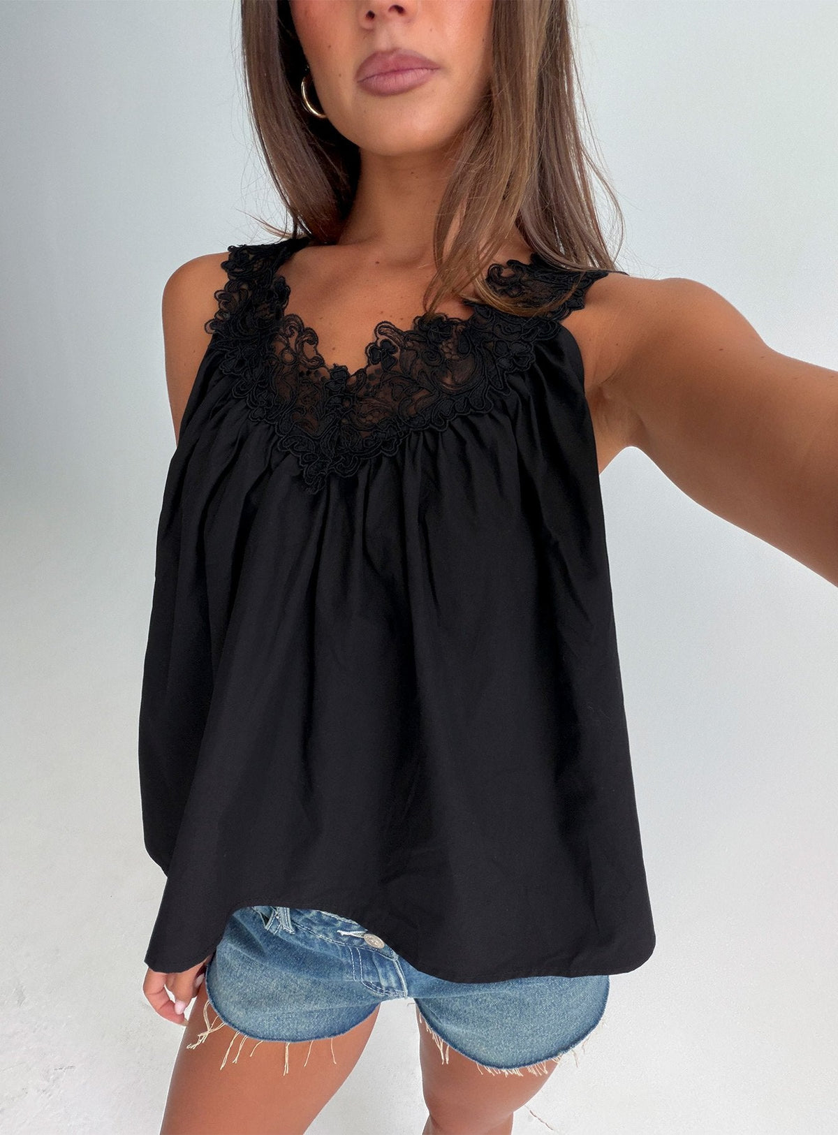 Delune Ruched V Neck Top Black