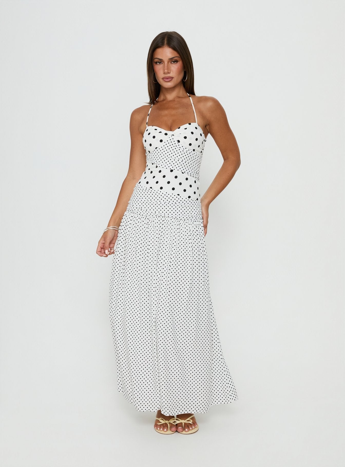 Marguerite Halter Maxi Dress White Polka Dot