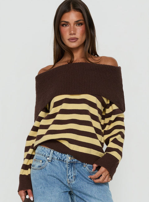 Next Page Foldover Long Sleeve Knit Jumper Brown / Yellow Stripe