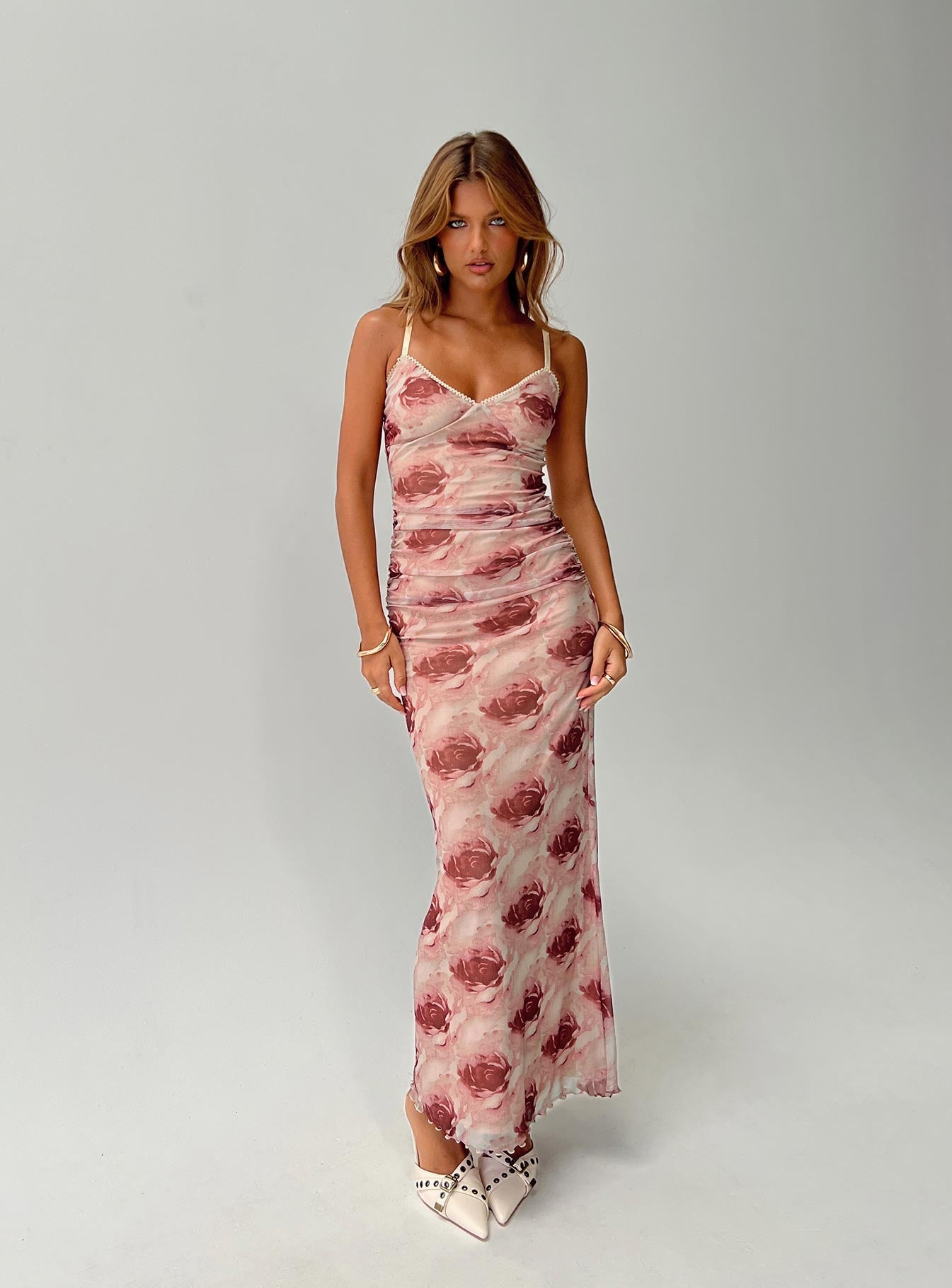 front view of model wearing Princess Polly Louette Maxi Dress Floral V-Neck 