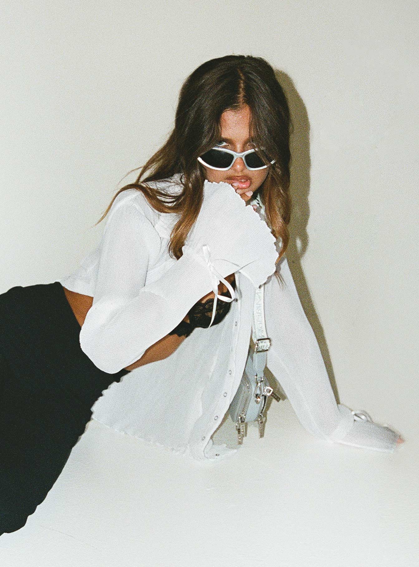 Front view of model wearing  front Princess Polly Three Fourth Sleeves High Neck  Ravil Shirt White