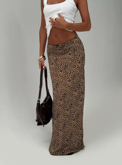   front view of model wearing Princess Polly Saffrone Maxi Skirt Leopard Maxi 