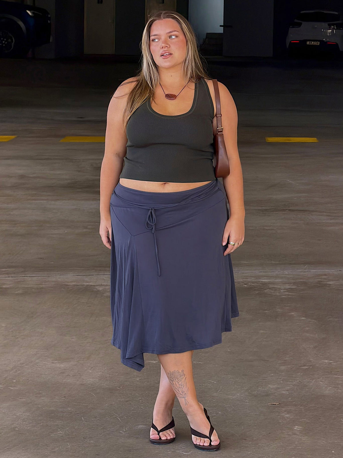 Joaney Tie Side Jersey Midi Skirt Slate