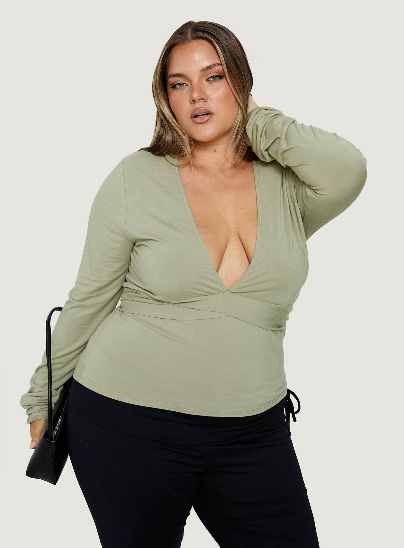 Madelon Long Sleeve Wrap Top Sage Curve