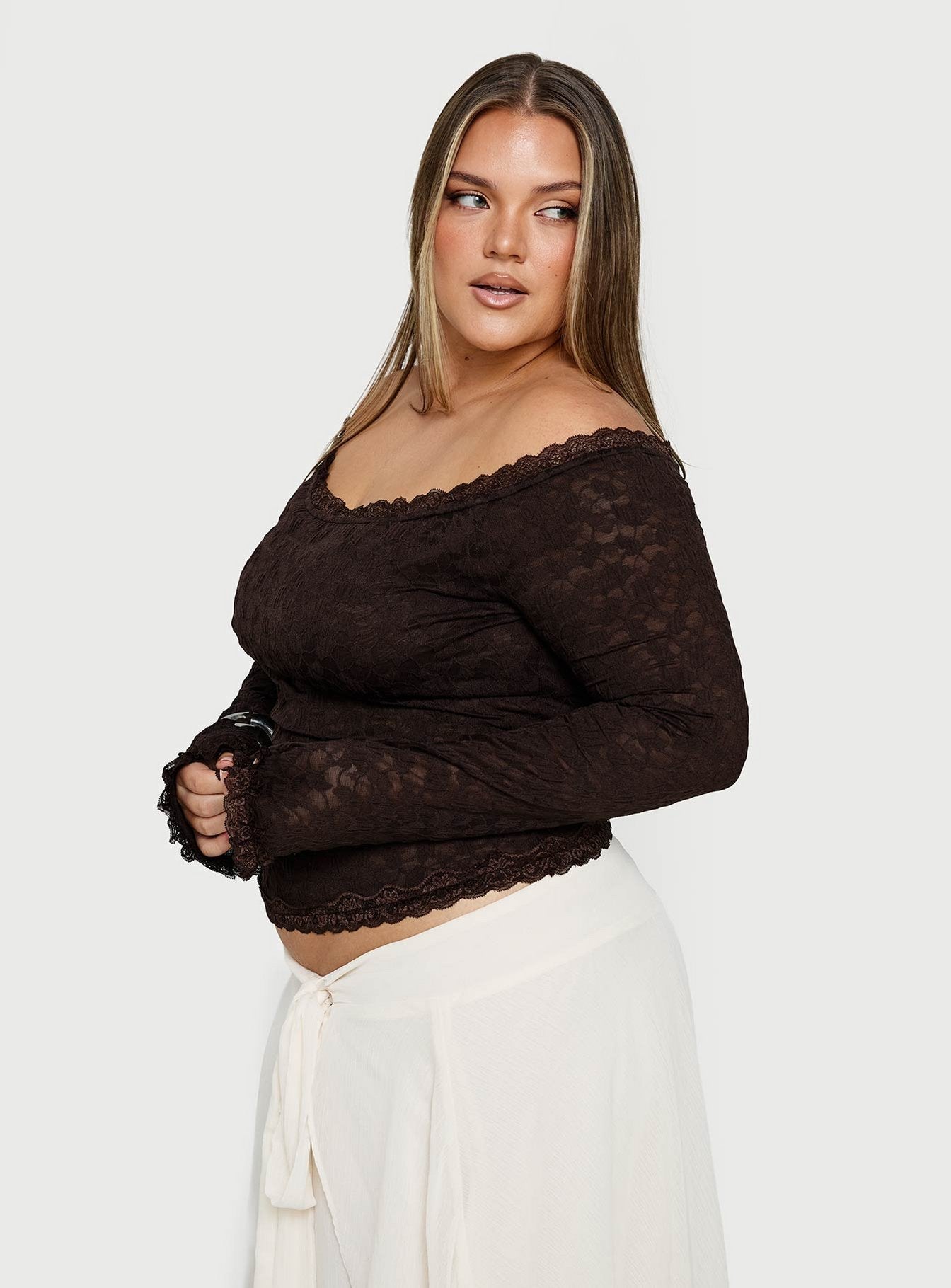 Mochapella Off The Shoulder Top Brown Curve