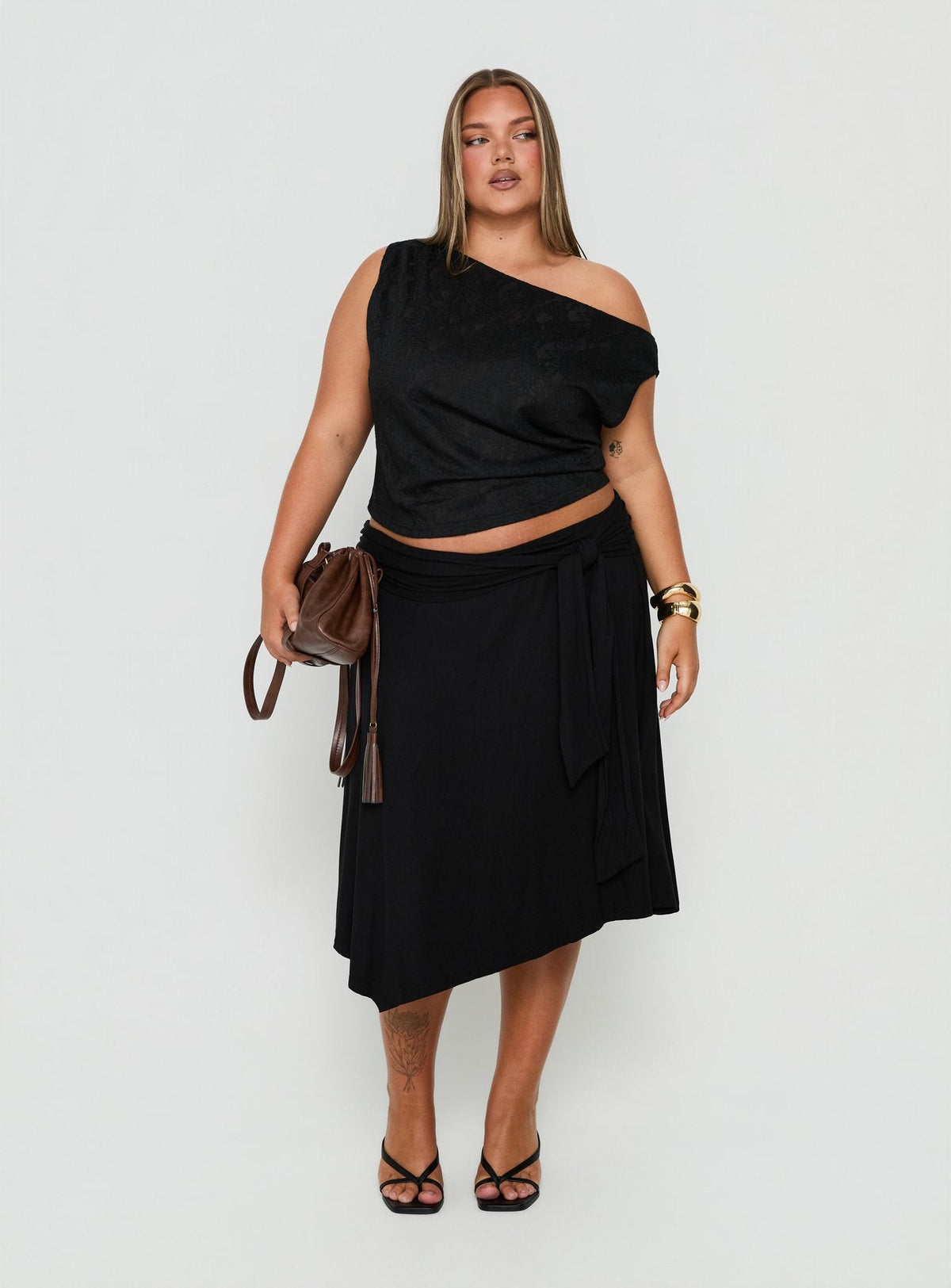 Soft Focus Tie Waist Midi Skirt Black Curve
