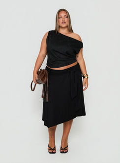 Soft Focus Tie Waist Midi Skirt Black Curve
