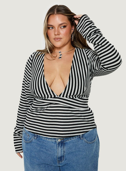 Madelon Long Sleeve Wrap Top Black / Grey Stripe Curve