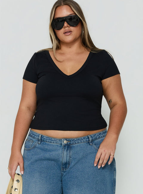 Daily Define Deep V Short Sleeve Top Black Curve